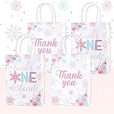 JOYMEMO 16pcs Winter Onederland 1st Birthday Party Favor Bags for Girl, Pink Purple Blue Snowflake Goodie Paper Treat Bags, Winter Onederland First Birthday Party Decorations Supplies