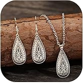 72ore Boho Necklace Earrings Silver Drop Water Droplet Pendant Vintage Fall Necklace Earrings for Women Jewelry Set Birthday Gifts Party Boho Shirt Outfits Accessories