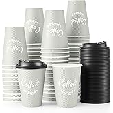 Tamone 100 Pack 12 oz Disposable Coffee Cups with Lids, Insulated Ripple Double-Walled Paper Coffee Cups for Hot Beverages, Cold/Hot Drinking To Go Coffee Cups with Lids for Parties and Travel (Grey)
