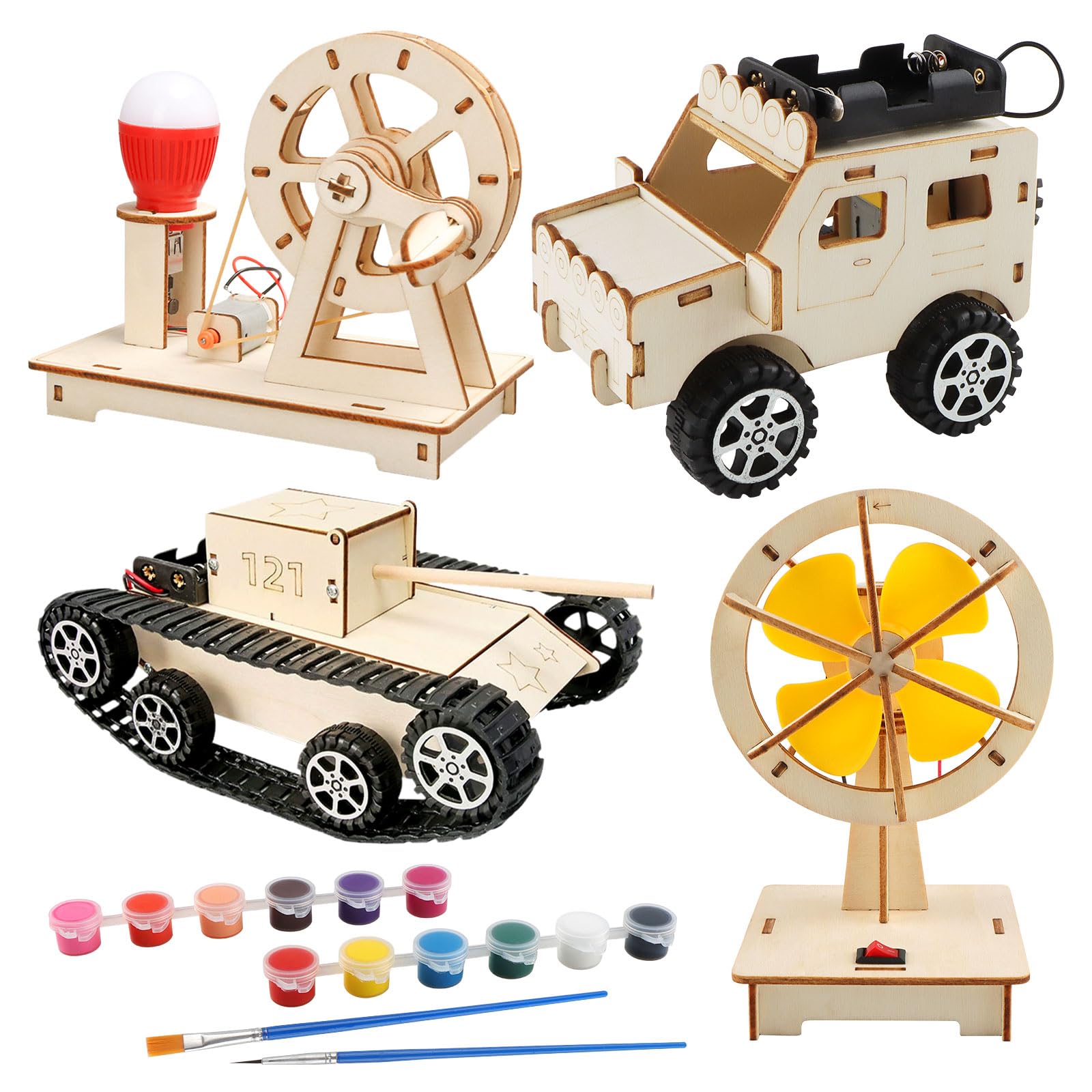 JTgugu 4PCS Experiment Kit for Children, DIY Electronics Construction Set, STEM Educational Toy, Wooden Science Model Kit, 3D Puzzle Building Experiment Set, Gift for Boys Girls & Teenagers — image 1