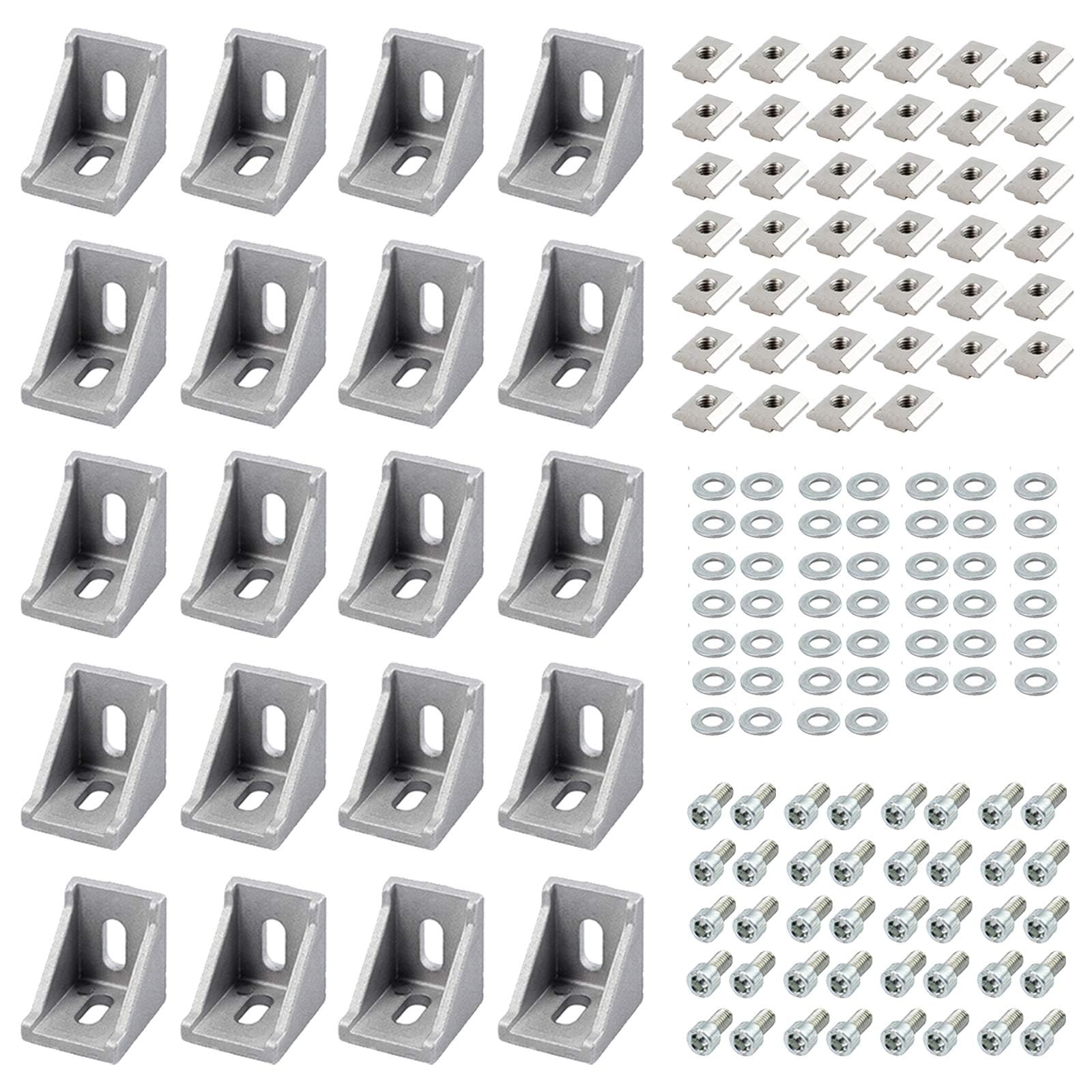 EYPINS 20 Pcs Right Angle Bracket, 90 Degree Corner Brace Connector T-Nut Screw 3030 Aluminum Extrusion Profile L Angle Brackets for DIY Projects Silver — image 1