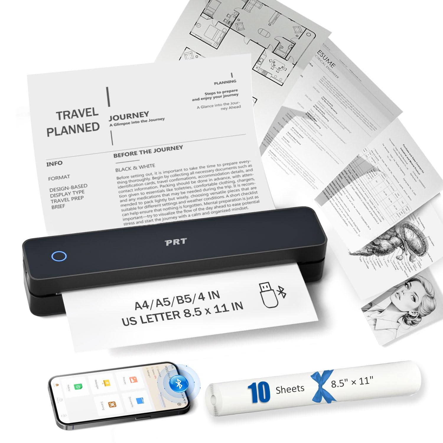 Photo 1 of PRT Inkless Portable Printer, Wireless Thermal Printer for Travel Support 8.5"x11" US Letter & A4 B5, MT610 Small Bluetooth Mobile Printers with iOS Android Laptop for Home Car Office School, Black