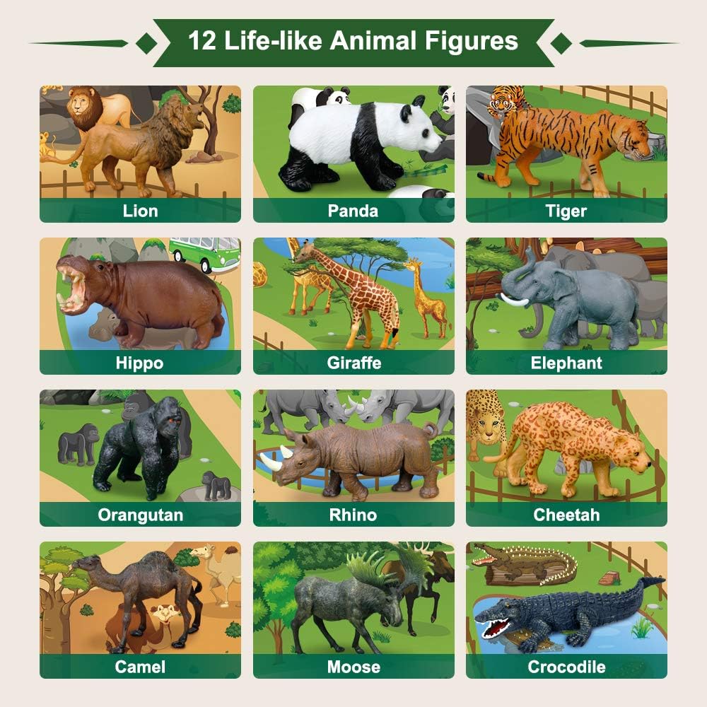 Mini Tudou 12 Pcs Safari Animals Figures Toys w/ 145x98CM Large Activity Play Mat - Image 3