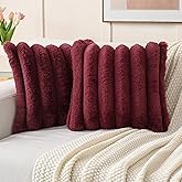 FUTEI Burgundy Decorative Throw Pillow Covers 18x18 Inch Set of 2, Square Soft Faux Rabbit Fur Thick Striped Cushion Cover,Winter Home Decor for Couch Bed Living Room