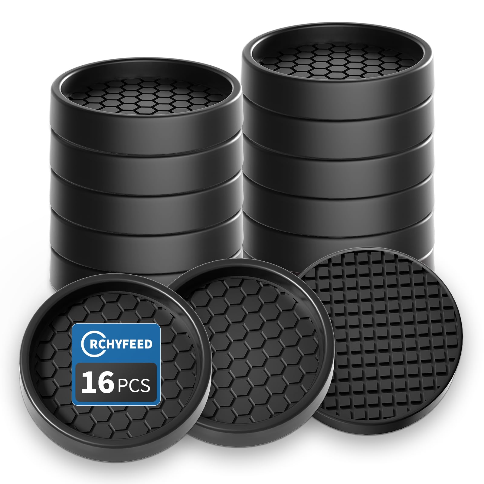 RCHYFEED Furniture Caster Cups - 16Pcs Round Coasters, 2" Non-Slip Castor Cups, Sofa Feet Pads, Thick Rubber - Prevent Moving or Rolling (Black)