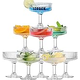 wookgreat 12 Pcs Martini Glasses, 6.7oz Crystal Champagne Tower, Art Deco Ribbed Coupe Glasses, Stem Cocktail Glassware Set, Margarita Cups, Heavy Base Bar Glassware for Martini, Gimlet, Manhattan
