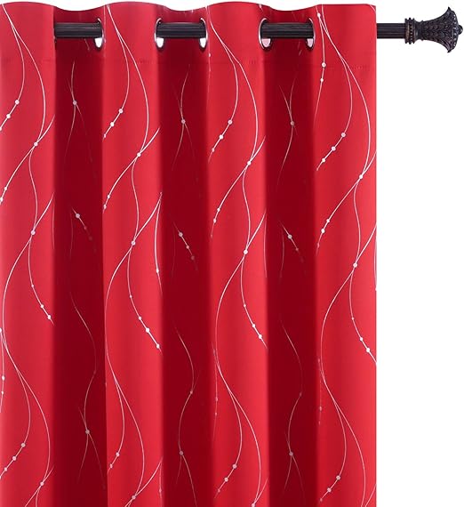 Amazon Com Bu Hua Red Blackout Curtains Silver Wave Line Print