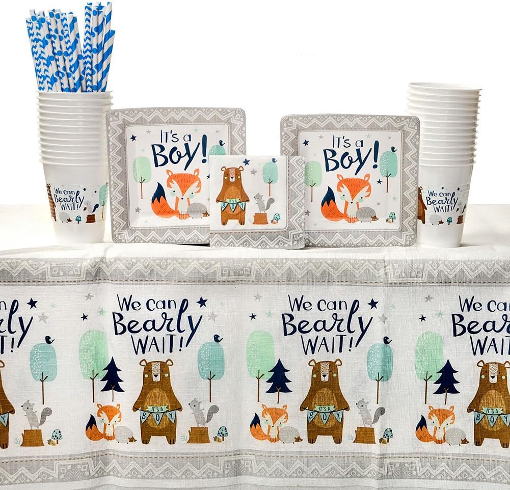Bear-ly Wait Party Supplies Pack for 16 Guests: Straws, Dessert Plates, Beverage Napkins, Table Cover, and Cups
