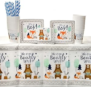Bear-ly Wait Party Supplies Pack for 16 Guests: Straws, Dessert Plates, Beverage Napkins, Table Cover, and Cups
