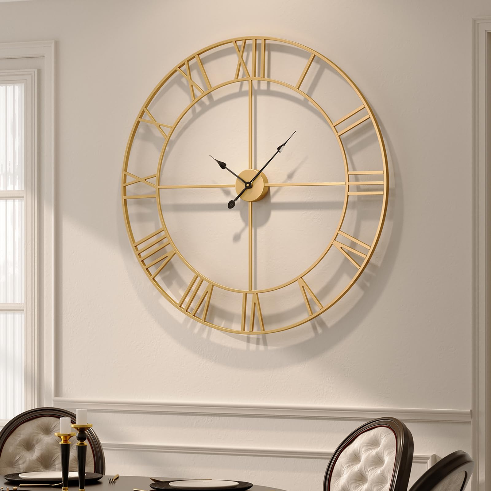 Photo 1 of Wall Clock, Large 36 Inch Gold Decorative Wall Clock for Living Room Decor, Modern Metal Roman Numeral Battery-Operated for Dinning Room, Home, Office, Kitchen, Mantel