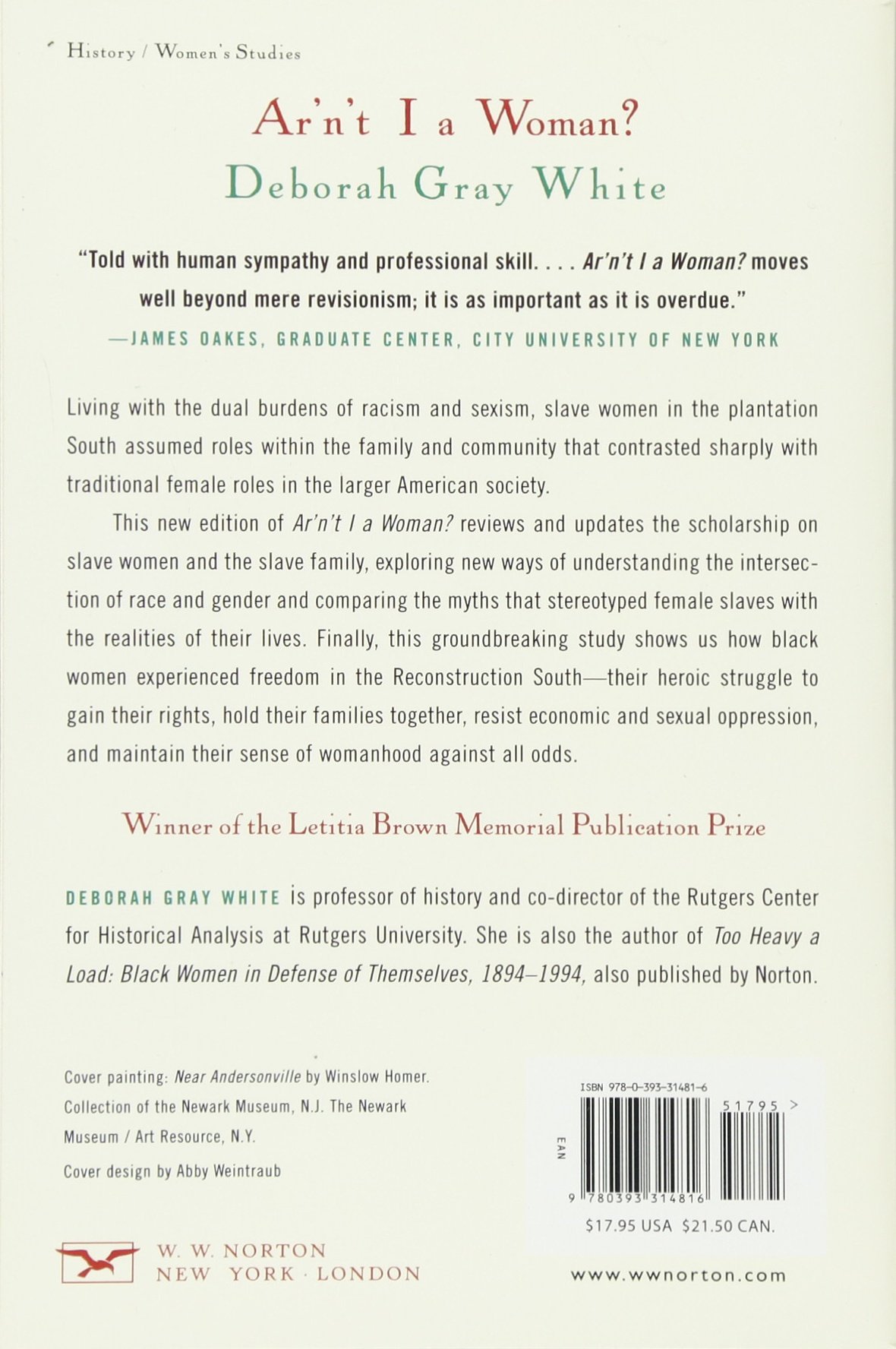 Ar N T I A Woman Female Slaves In The Plantation South Amazon Co Uk White Deborah Gray Books