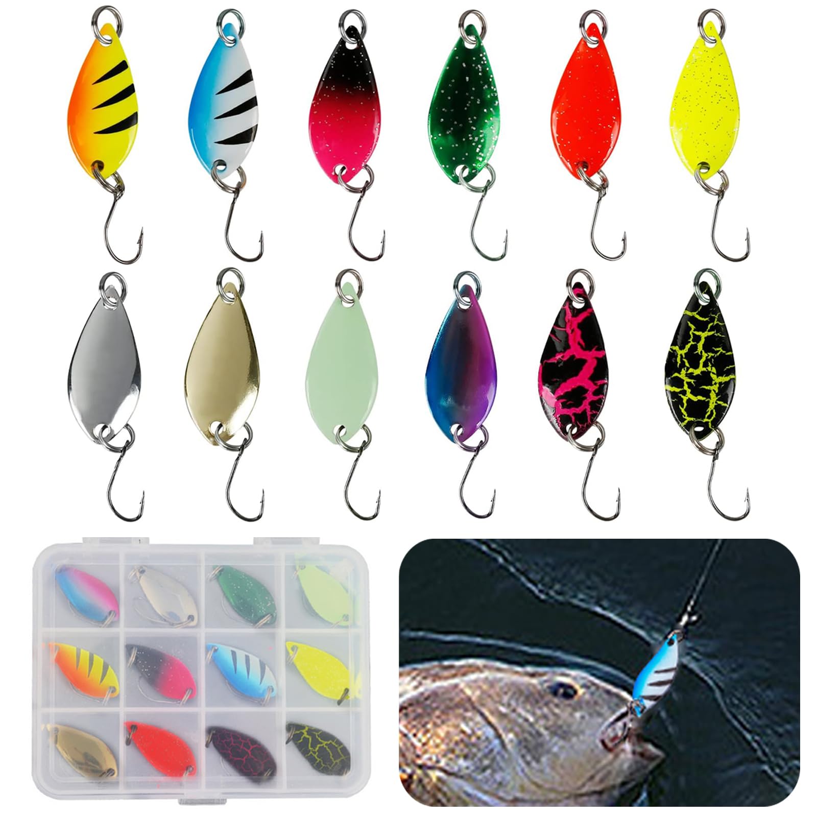 KASESSS 12pc Spinning Lures Set, Artificial Fishing Lures, Hard Metal Baits, Single Hook with Plastic Box, for Trout, Mandarin Fish and Bass
