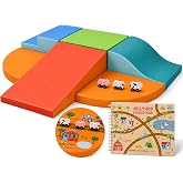 JollyHop 6-Piece Foam Climbing Blocks for Toddlers with Wooden Cars &amp; Sticker Book, Glow in the Dark Race Track Soft Play Set, Indoor Kids Climbing Toys, CertiPUR-US&reg; Foam, PU Leather