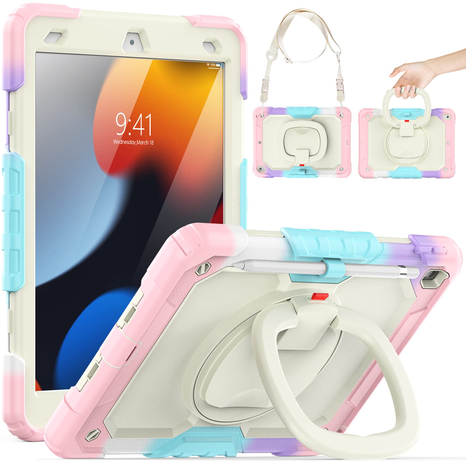 SEYMCY Kids Case for iPad 9th/8th/7th Generation 10.2 inch 2021/2020/2019, Full-Body Shockproof with Screen Protector, Rotating Hand Grip Stand, Carrying Strap, Pencil Holder for iPad 9/8/7, Pink