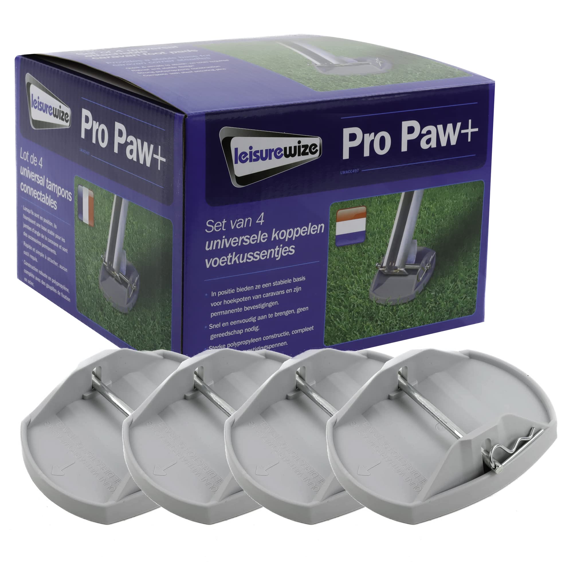 Leisurewize - Pack of 4 Grey Pro-Paw+ Caravan Jack Pad Stable Level Support | Caravan Corner Steadies | Quick & Simple To Attach, No Tools Required | Metal Locking Pins Included | LWACC497