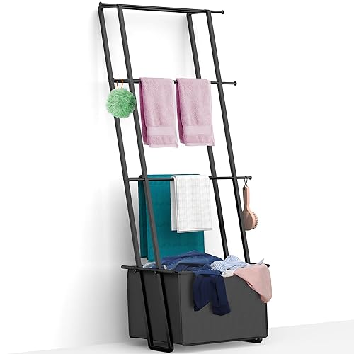 CANYAVE Blanket Ladder Towel Rack with Basket, Wall Leaning Ladder Towel Rack Blanket Holder Rack Drying Rack, 4-Tier Blanket Ladders for Living Room Bathroom (Black with Bag)