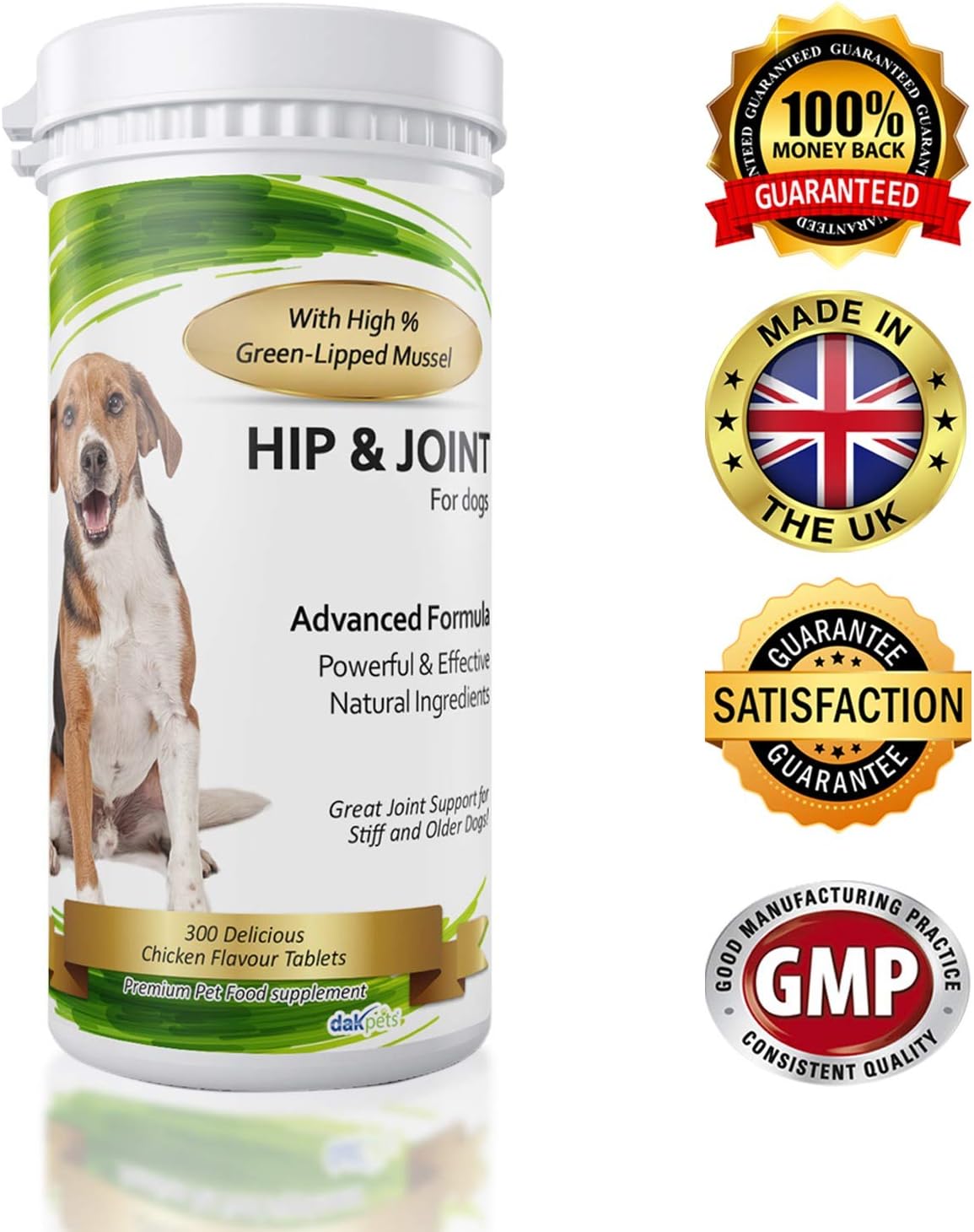Advanced Hip and Joint Support Glucosamine for Dogs - Powerful Chondroitin, MSM, Curcumin & Green Lipped Mussel Dog Joint Supplement - with Vitamins E & C, made in UK (300 Tablets)