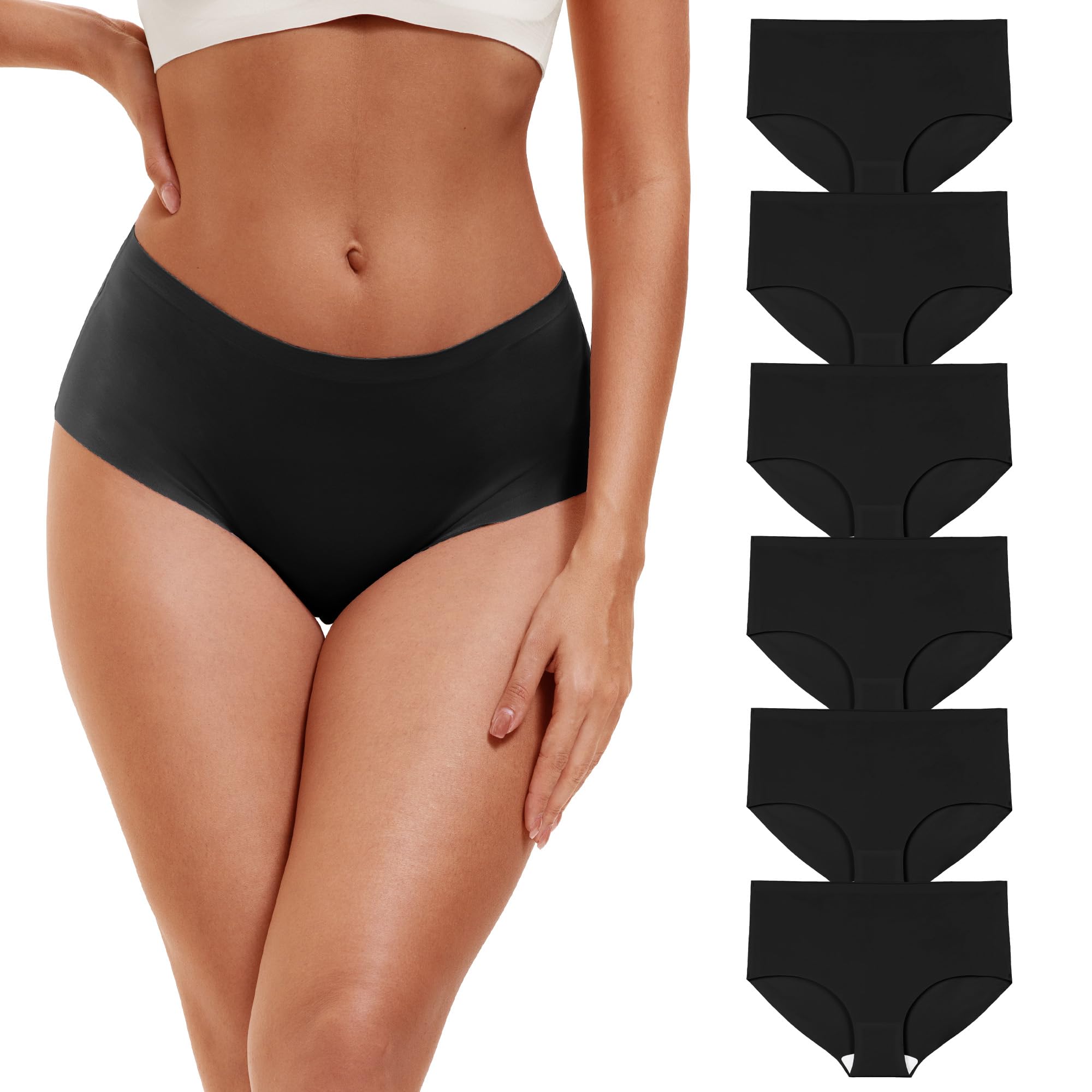 PURILINE Women's Underwear 6 Pack Seamless High Waisted Briefs, Silky Stretch No Show Breathable Ladies Panties, Black, Large