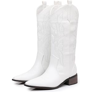 Cowboy Boots for Women - Chunky Block Heel Mid-calf Pointed Toe Cowgirl Boots,Comfortable Western Boots with Zipper Stitched