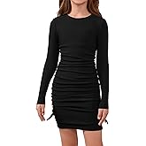 OYOANGLE Girl's Ruched Knitted Long Sleeve Round Neck Dress Drawstring Side Short Dresses