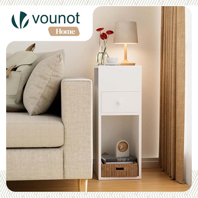 ® Juego de 2 Mesita de Noche Estrecha con 2 Compartimentos Abiertos y 1 Cajón 25x30x66cm, Mesilla de Noche Pequeña Estilo Moderno, Mesa Auxiliar Alta para Dormitorio Salón Sala de Estar, Blanco