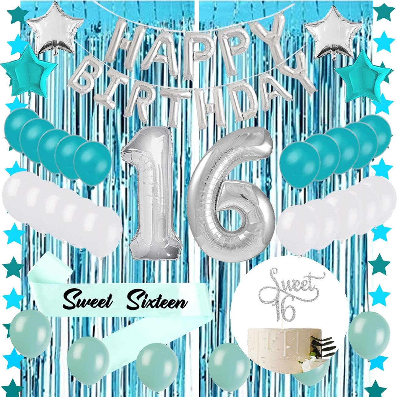 Sweet 16 Sixteenth 16th Birthday Decorations Turquoise Blue Party Balloons Supplies 30" Silver Number "16" Happy Birthday Balloons Tinsel Curtain, Sweet 16 Silver Cake Topper