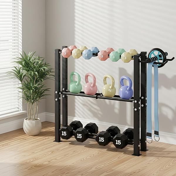 3-TIER DUMBBELL RACK FOR WOMEN, AESTHETIC HOME GYM STORAGE FOR WEIGHT SET, KETTLEBELLS & YOGA BALL, VERSATILE WORKOUT EQUIPMENT ORGANIZER WITH SIDE HOOKS, SPACE-SAVING