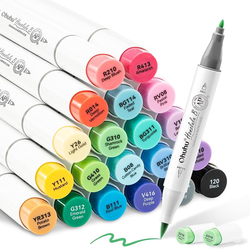 Ohuhu Alcohol Marker Set 24 Dual Tip Brush Fine AP Certified Honolulu B
