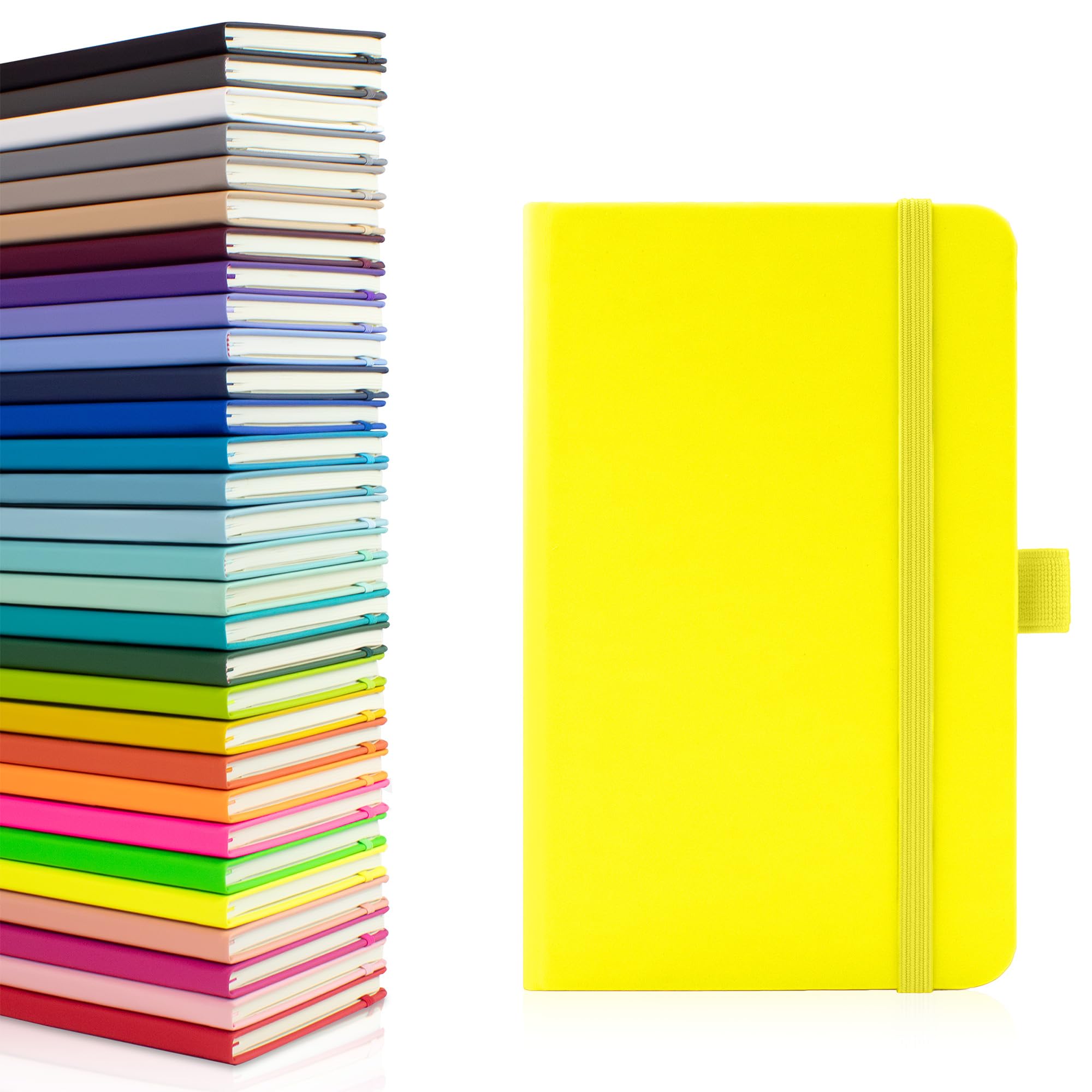 Notes London Eco A6 Notebook with Lined Pages, Pen Loop, Ribbon, Date Marks and Paper Pocket, Medium Hardback Journal, Note, fluorescent, sustainably sourced paper (Neon Yellow)