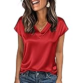 Zeagoo Women Silk Satin Tops Cap Short Sleeve Blouse V Neck Shirts Business Casual Outfits S-2XL