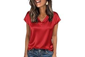 Zeagoo Women Silk Satin Tops Cap Short Sleeve Blouse V Neck Shirts Business Casual Outfits S-2XL