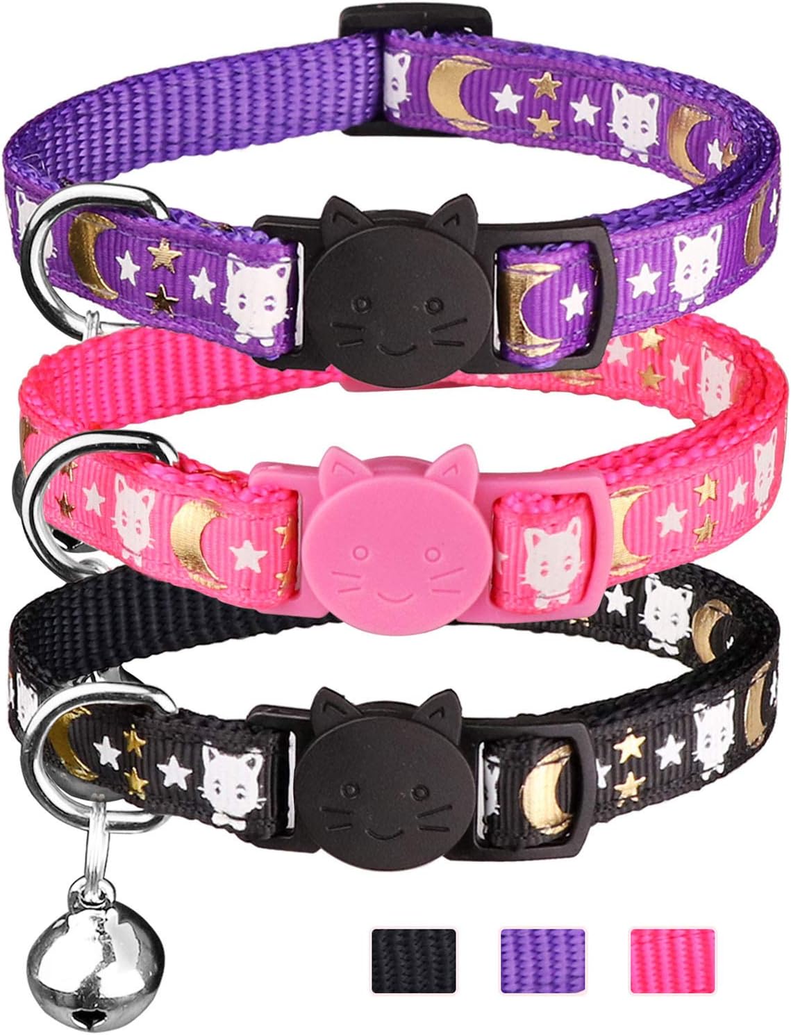 Pet Supplies 3 PCS Breakaway Cat Collars with Bell Golden Moon Glowing Cat and Stars in The