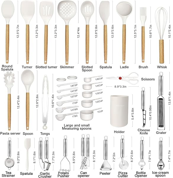 COOKING UTENSILS SET- 35 PCS KITCHEN UTENSILS WITH GRATER,TONGS, SPOON SPATULA &TURNER MADE OF HEAT RESISTANT FOOD GRADE SILICONE AND WOODEN HANDLES KITCHEN GADGETS TOOLS SET FOR COOKWARE