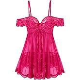 Avidlove Sexy Cut Out Off Shoulder Sheer Mesh Lace Wireless Babydoll Lingerie Dress with Thong 2 Piece