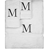 Monogrammed Towel Set, Personalized Gift, Set of 3- Black Block Letter Embroidered Towel - Extra Absorbent 100% Turkish Cotton - Soft Terry Finish - Initial M White