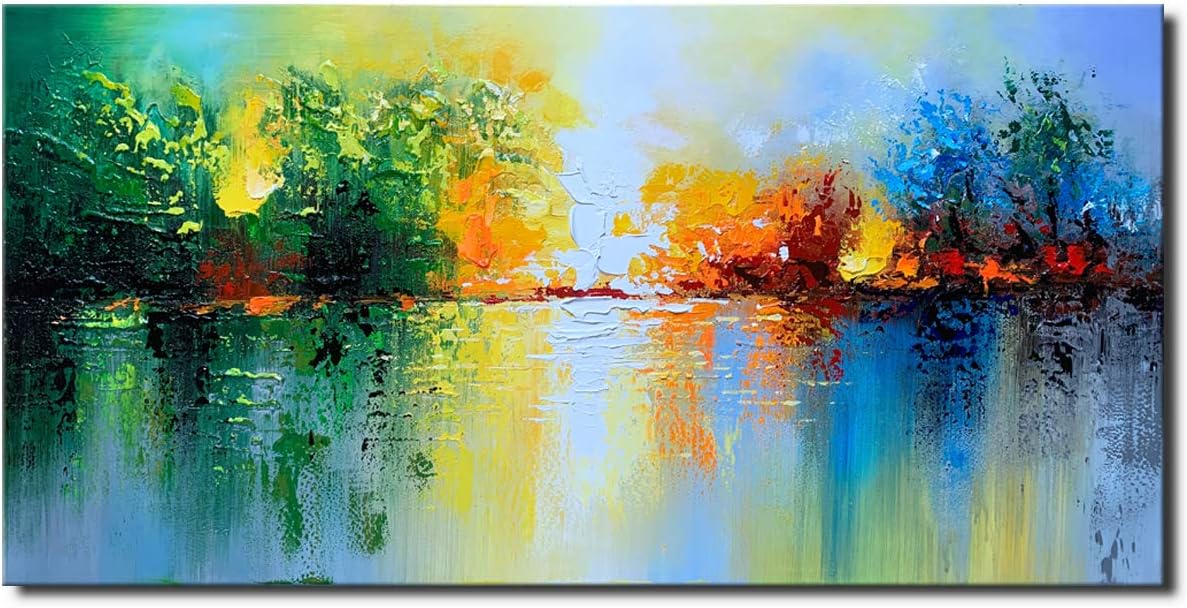 Paintings - Handmade Oil Painting on Canvas Abstract Landscape Wall Art Lake Scenery Artwork