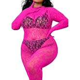 EHSUYAB Plus Size Fishnet Bodysuit For Curvy Women, Full Leopard Body Stockings Rave Outfit, Sexy Lace Jumpsuit Festival Club