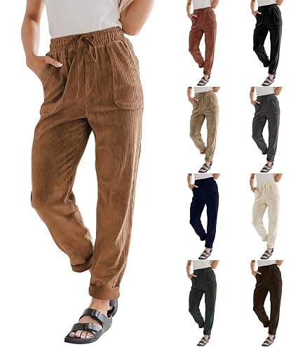 Corduroy Pants for Women Pull on High Waisted Straight Leg Dress