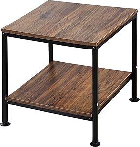 KirKical 20 Inch 2 Tiers Square End Table with Metal Frame,Rustic Brown Night Stand Side Table Sturdy Easy Assembly Industrial Style for Living Room,Bedroom,Vintage Wood(Set of 1)