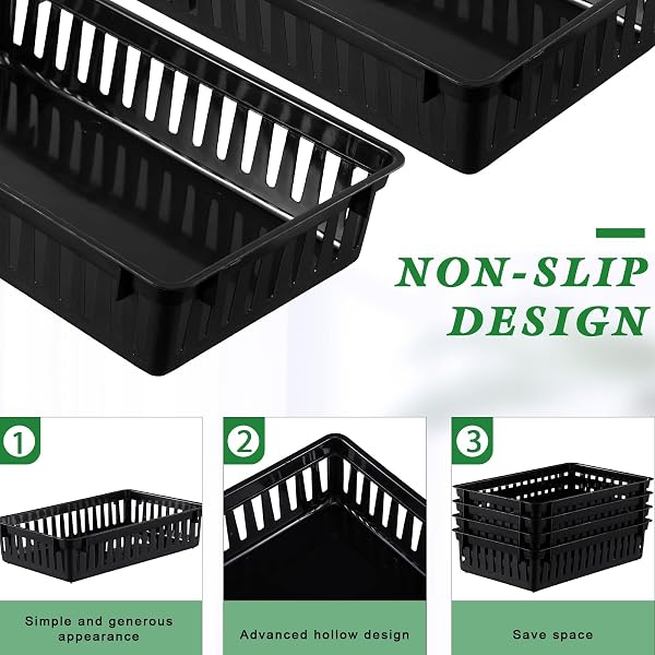 WENQIK 24 PCS PLASTIC STORAGE BASKETS FOR CLASSROOM ORGANIZING SMALL PANTRY STORAGE BINS RECTANGULAR TRAY FOR BACK TO SCHOOL HOUSEHOLD TOYS CLASSROOM BEDROOMS, KITCHENS COUNTERTOPS(BLACK)