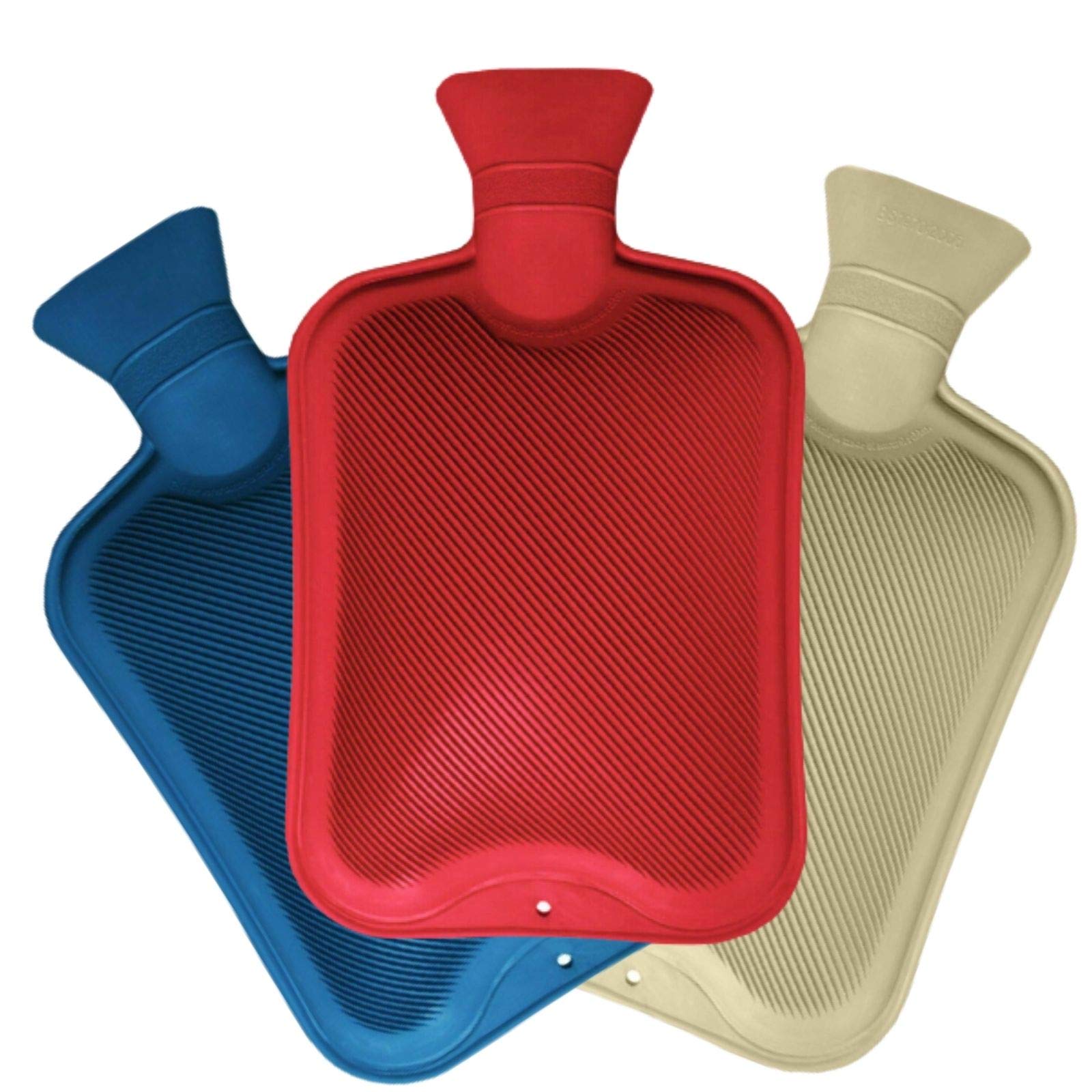 Hot Water Bottle | Pack of 3 Natural Rubber Mini Hot Water Bottles 500 ml | Red Cream Blue Hot Water Bag for Pain Relief Secure & Leakproof (Assorted Colours)