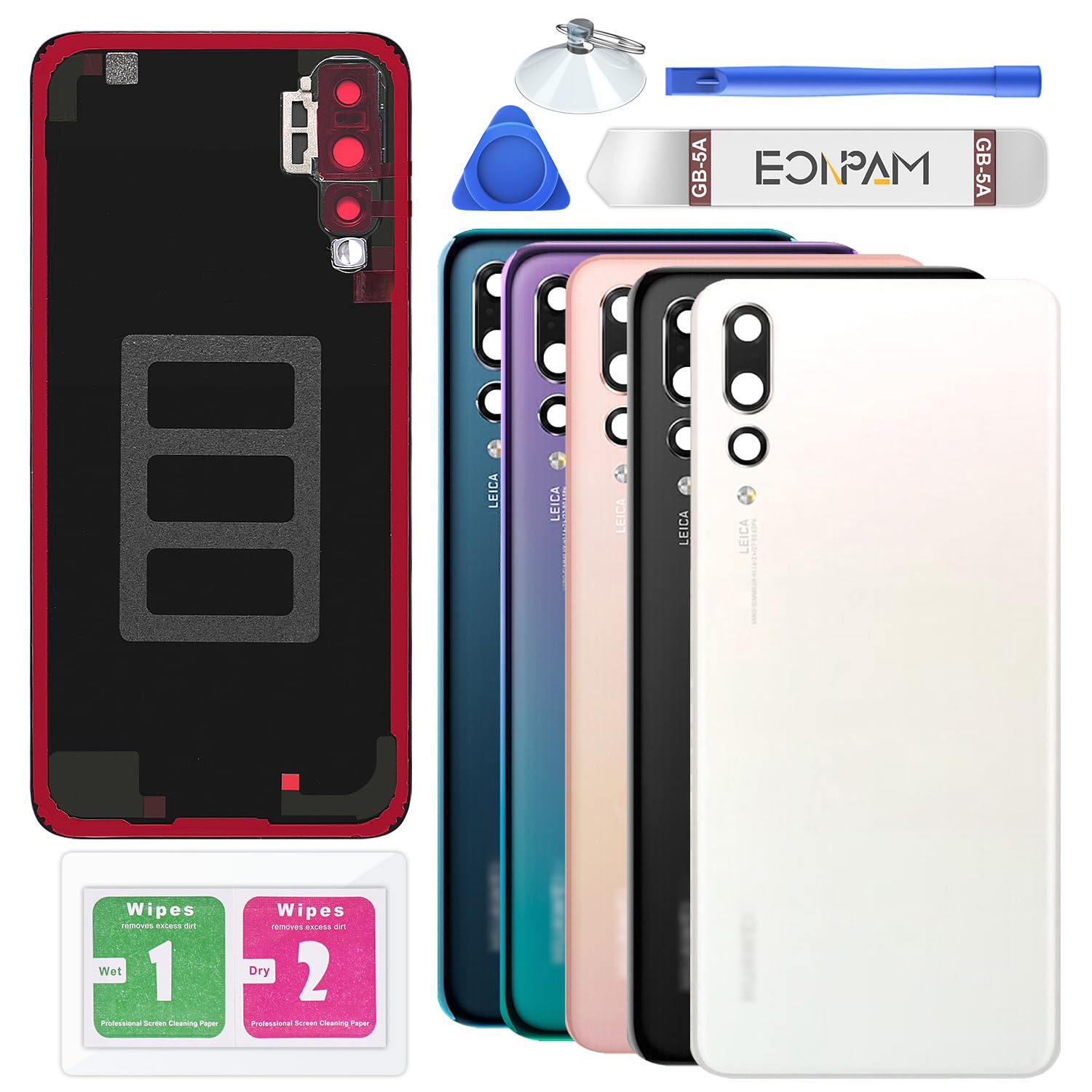 Eonpam Back Cover Glass for Huawei P20 Pro Rear Glass Replacement with Camera Lens + Repair Kit Genuine Rear Housing (White)