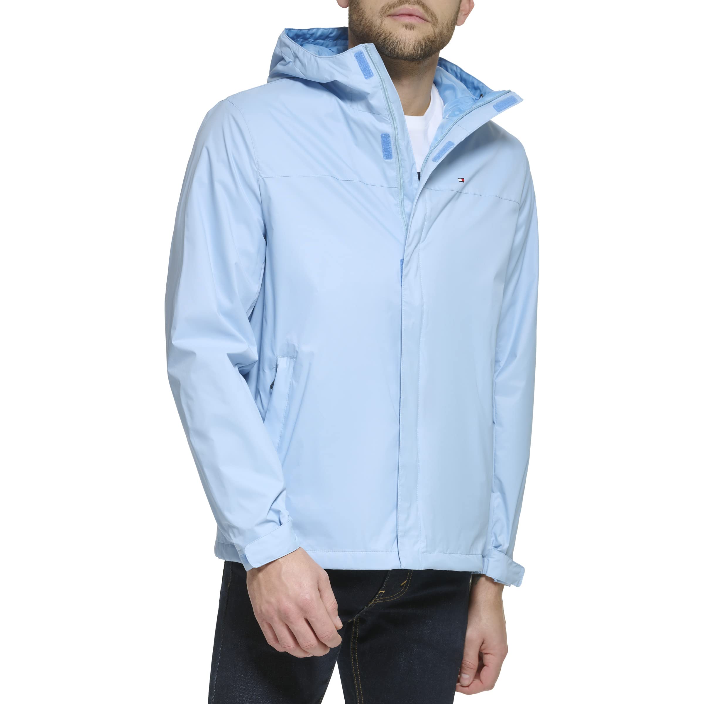 Tommy Hilfiger Men's Lightweight Breathable Waterproof Hooded Jacket, Powder Blue, Medium Image