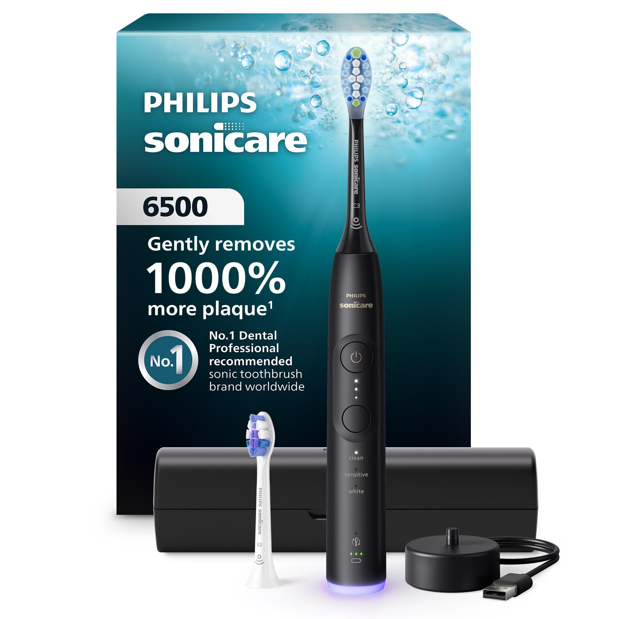 Photo 1 of Philips Sonicare 6500 Series Electric Toothbrush - Next-Generation Sonicare Technology, Pressure Sensor, 9 Brushing Settings, SmarTimer, BrushPacer, 21-Day Runtime, Travel Case, Black, HX7411/08