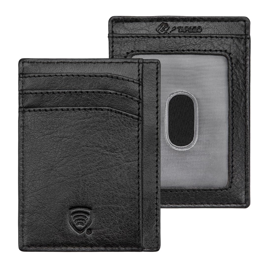 KORUMA RFID Card Protector Holder - Leather Wallet Small Slim Thin Minimalist - TAP&GO Feature - KUK-63TBBL Black