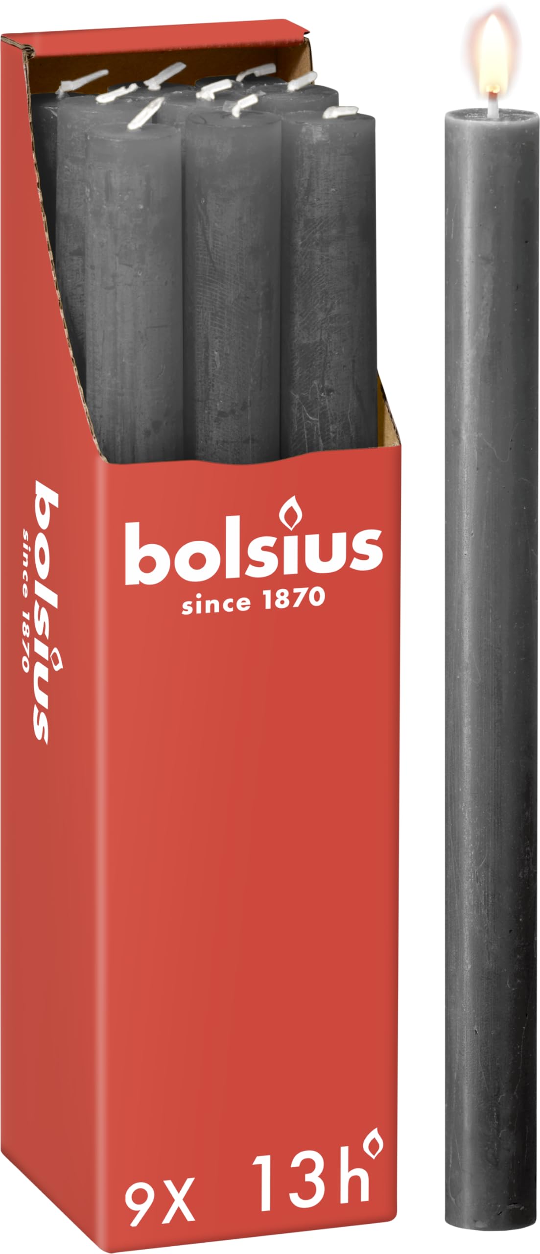 Bolsius Rustic Dinner Candles - Anthracite - Pack of 9 - Long Burning Time of 13 Hours - Household Candle - Interior Decoration - Unscented - Includes Natural Vegan Wax - 27 x 2.3 cm — image 1
