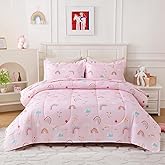 Kids Queen Comforter Set for Girls Rainbow Bedding Set Pink Princess Bed Sets with 2 Pillowcases 3 Pieces in A Bag Children Bedroom Decor Soft Lightweight for All Season Durable Machine Washable