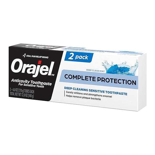 ORAJEL COMPLETE PROTECTION DEEP CLEANING SENSITIVE TOOTHPASTE, GENTLY WHITENS TEETH, ANTICAVITY FLUORIDE TOOTHPASTE FOR ADULTS, DEEP CLEAN MINT FLAVOR, 6.0 OZ (2 PACK)