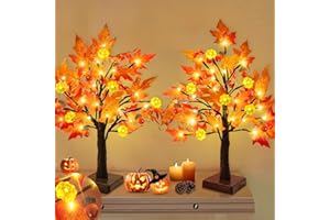 TURNMEON Thanksgiving Decorations 2 Pack 18 Inch Prelit Fall Maple Tree Fall Decor for Home with 48 LEDs Timer Battery Operated Pumpkin Lights 6 Acorn Halloween Thanksgiving Table Decor Indoor Outdoor