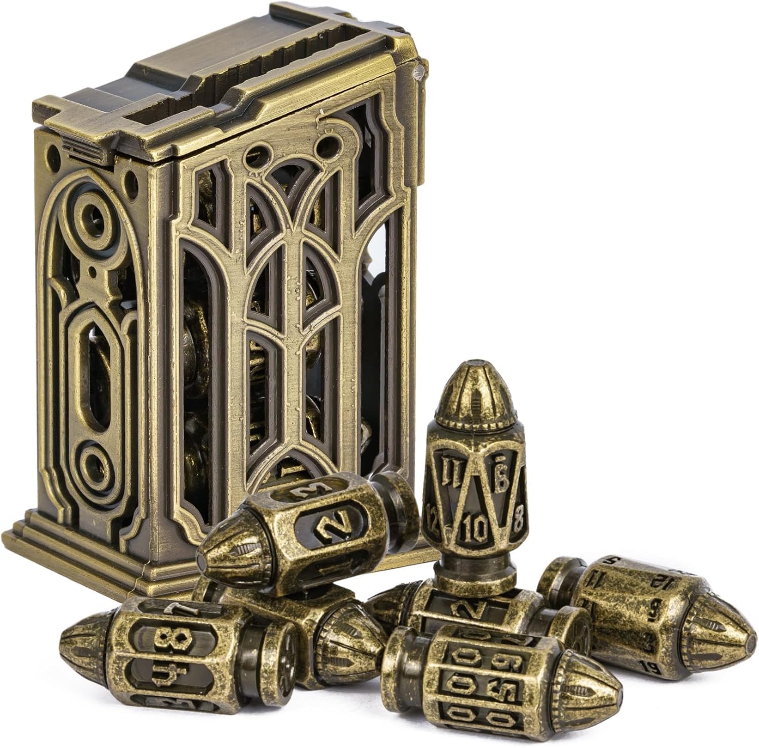 cusdie 7-Die Bullet-Shaped Metal Dice Set DND Dice Set in Metal Clip Case for Dungeons and Dragons TTRPG Role Playing Dice Game(Bronze) — image 1